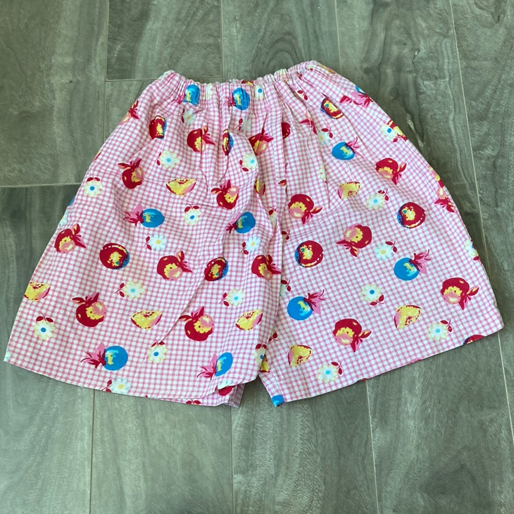 Girl’s Skort (skirt+shorts) - pink plaid + apples + flowers
